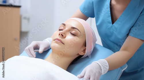 Young woman at cosmetic procedures in the office of cosmetologist or plastic surgeon. Facial care, skin improvement, facial cleansing, cosmetologist services in beauty clinic.