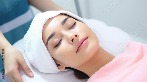 Young asian woman at cosmetic procedures in the office of cosmetologist or plastic surgeon. Facial care, skin improvement, facial cleansing, cosmetologist services in beauty clinic.