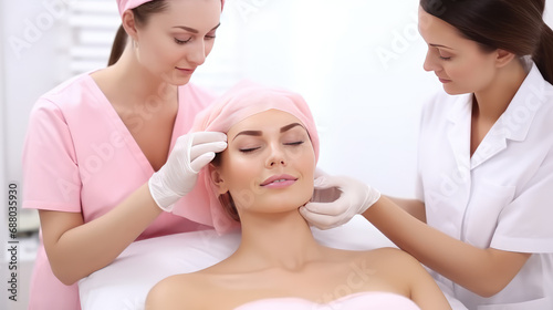 Young woman at cosmetic procedures in the office of cosmetologist or plastic surgeon. Facial care, skin improvement, facial cleansing, cosmetologist services in beauty clinic, pink white.