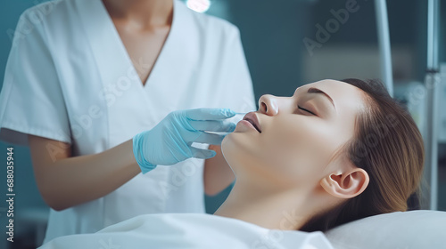 Woman at cosmetic procedures in the office of cosmetologist or plastic surgeon. Facial care  skin improvement  facial cleansing  cosmetologist services in beauty clinic.