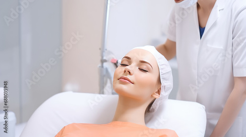 Woman at cosmetic procedures lying in the office of cosmetologist or plastic surgeon. Facial care, skin improvement, facial cleansing, cosmetologist services in beauty clinic.