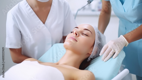 Woman at cosmetic procedures lying in the office of cosmetologist or plastic surgeon. Facial care, skin improvement, facial cleansing, cosmetologist services in beauty clinic.