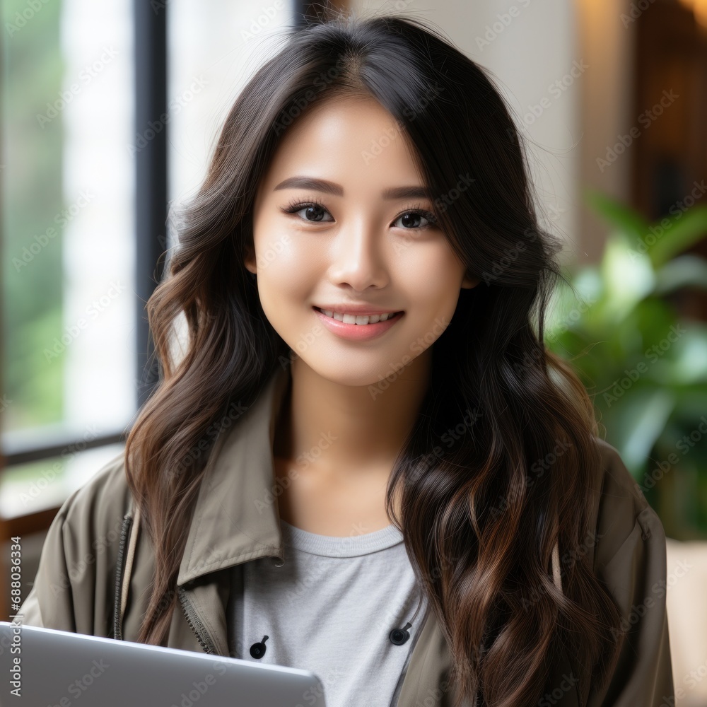 Young and happy Asian girl using laptop device, generative ai Young and happy Asian girl using laptop device, generative ai