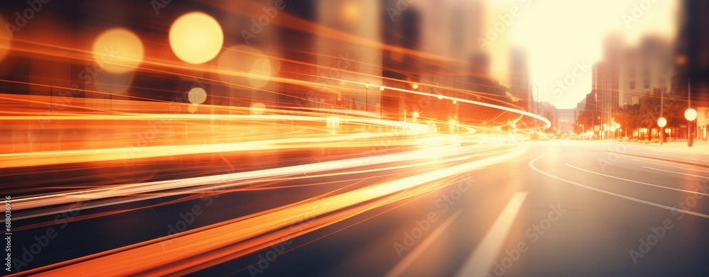 a cityscape with cars at the end of summer sunset, in the style of motion blur, technological design, a cityscape with cars at the end of summer sunset, in the style of motion blur, technological design,