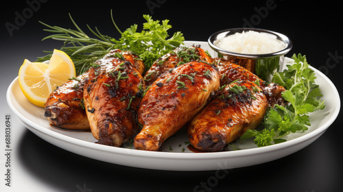 Delicious and juicy grilled roasted chicken legs served with barbecue sauce and lemon on a white plate created with Generative AI Technology