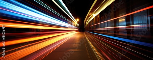 a fast moving city in the city at night, with long exposure, in the style of light sky-blue and light amber, colorful brushstrokes, transportcore