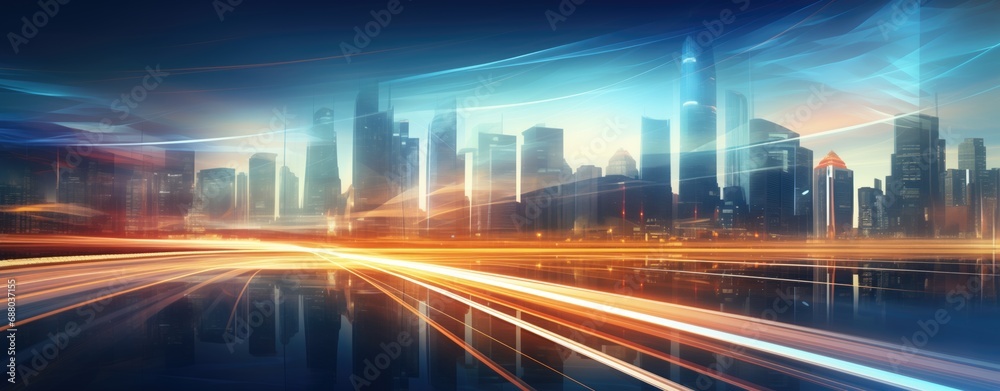 a cityscape with cars at the end of summer sunset, in the style of motion blur, technological design,