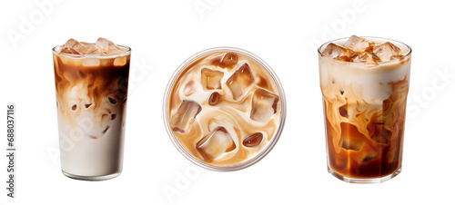 Iced Coffee Cups in Top and Side View: Set of Iced Caramel Macchiato, Isolated on Transparent Background, PNG photo