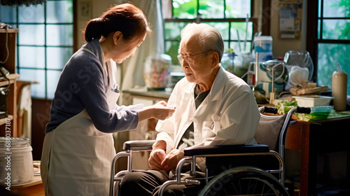 Asian senior man receiving medical help from a visiting nurse in the comfort of his own home photo