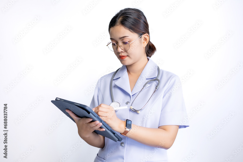 Portrait of confident Asian Doctor in glasses with stethoscope on her shoulder using a digital tablet isolated on gray background. Portrait of confident Asian Doctor in glasses with stethoscope on her shoulder using a digital tablet isolated on gray background.