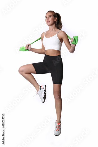 Fitness Exercise. Sports Woman Exercising With Resistance Band