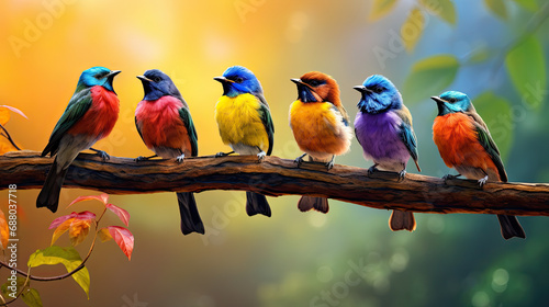 colorful birds sitting perched on a branch in the forest. colorful and vibrant parrots sitting at branch. macaw birds