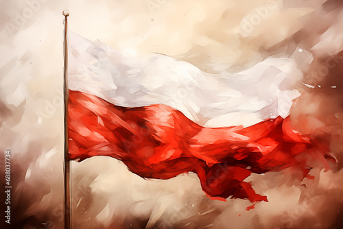 National painted flag of Poland, white and red flag, background photo