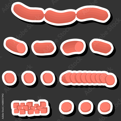 Illustration on theme big set different types delicatessen meat sausages