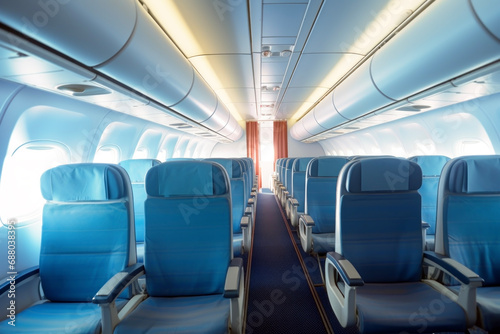 Empty passenger jet airplane with modern seats in the cabin. Travel concept of holiday and vacation.