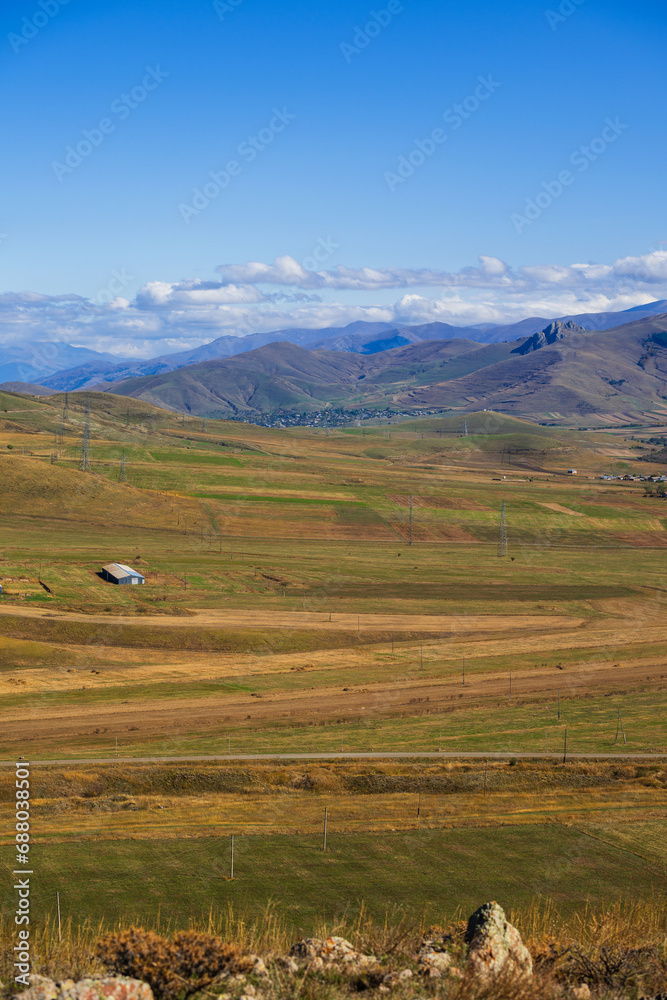 Rural landscape with fields and mountains, Armenia