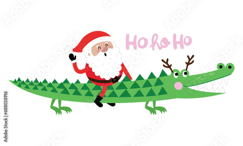 Ho Ho ho - Santa rides a crocodile. Merry Christmas, xmas and happy new year funny concept. Cartoon vector illustration. Santa Claus is coming to town.