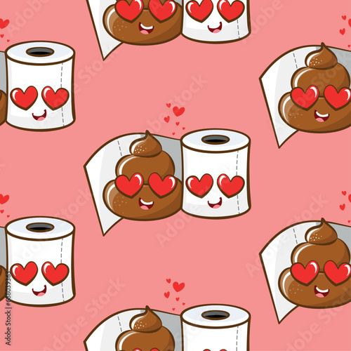 Happy Valentine's Day pattern with funny poop and toilet paper - hand drawn doodle, seamless pattern. Lettering poster or t-shirt textile graphic design. wallpaper, wrapping paper, background. 