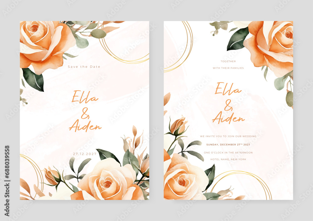 White and peach rose beautiful wedding invitation card template set with flowers and floral