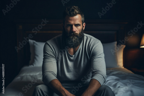 Generative AI illustration of nice handsome man after sleeping in comfort bed own apartment photo