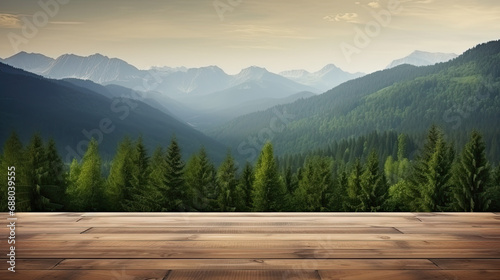 empty wooden table overlooking mountains and green forests. mock up product display template