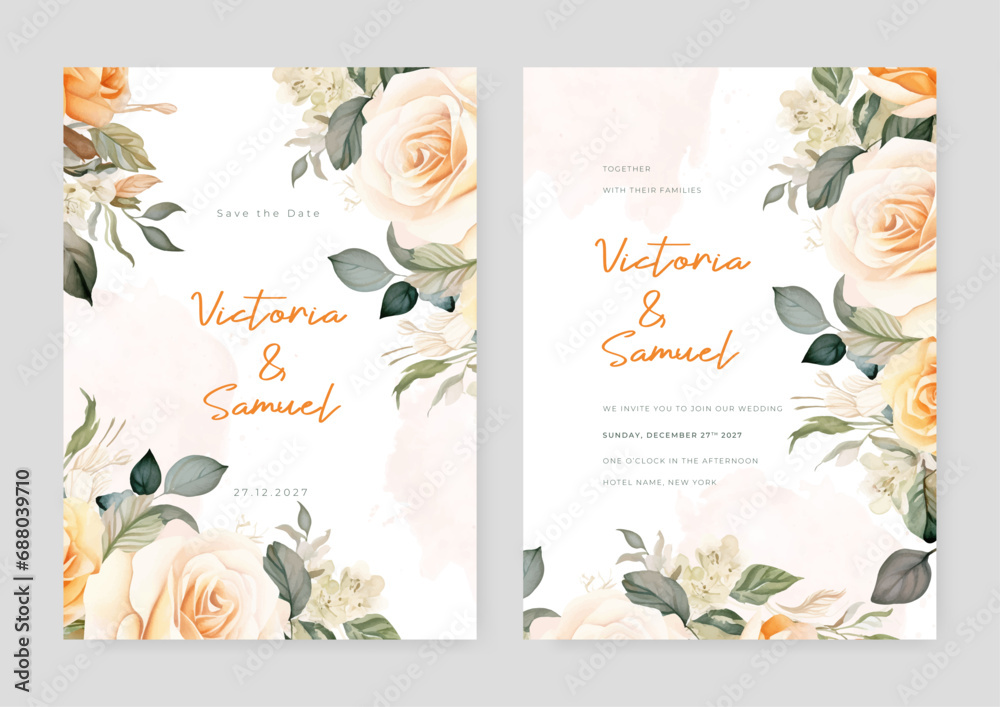 White and peach rose set of wedding invitation template with shapes and flower floral border