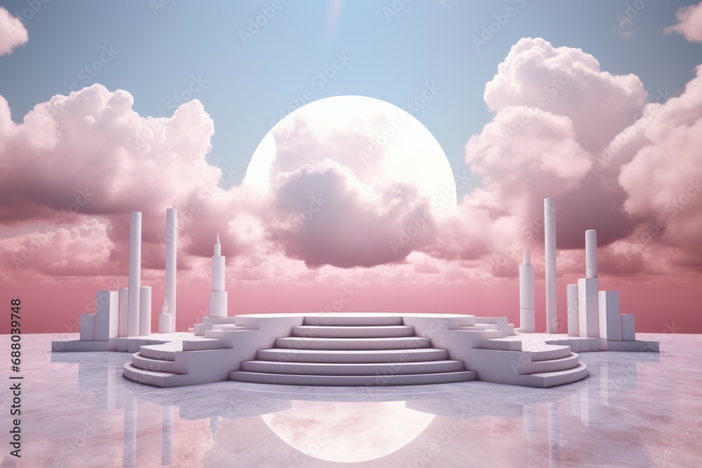 Surreal podium outdoor on blue sky pink gold pastel soft clouds with space.Beauty cosmetic product placement pedestal present promotion minimal display, summer paradise dreamy concept.