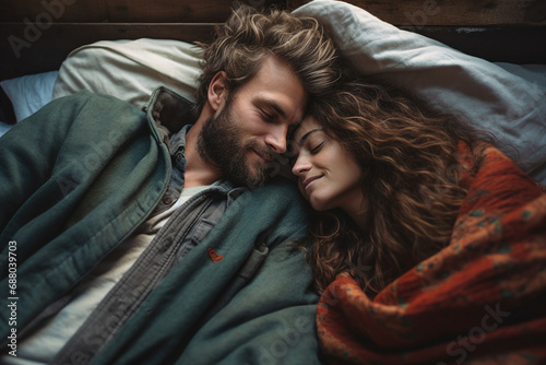 Generative ai picture of happy people sweet couple enjoying weekend honeymoon in bed photo