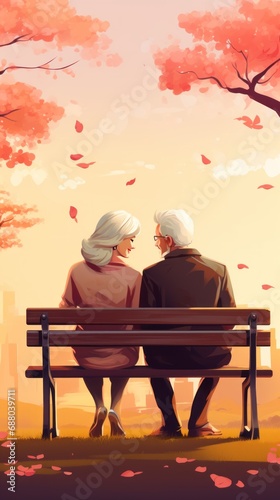 Senior couple sitting on the bench. Happy grandparents in the park