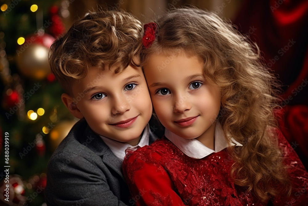Generative AI portrait of cute Young boy girl enjoy winter holidays xmas x mas eve decorated room