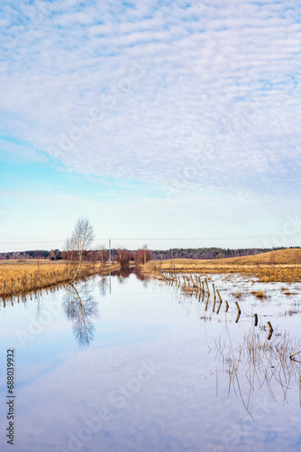 Fototapeta Naklejka Na Ścianę i Meble -  Flooded canal in a meadow landscape on an early spring day