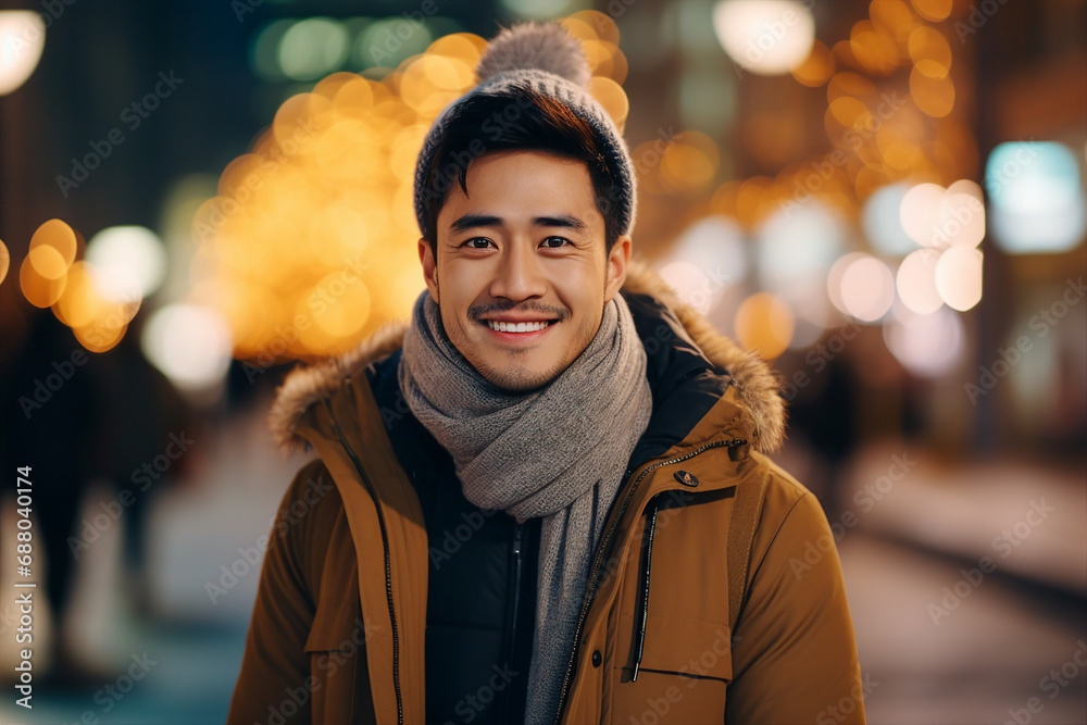 Generative AI portrait of young person over new year decorations snowy city winter fair Generative AI portrait of young person over new year decorations snowy city winter fair