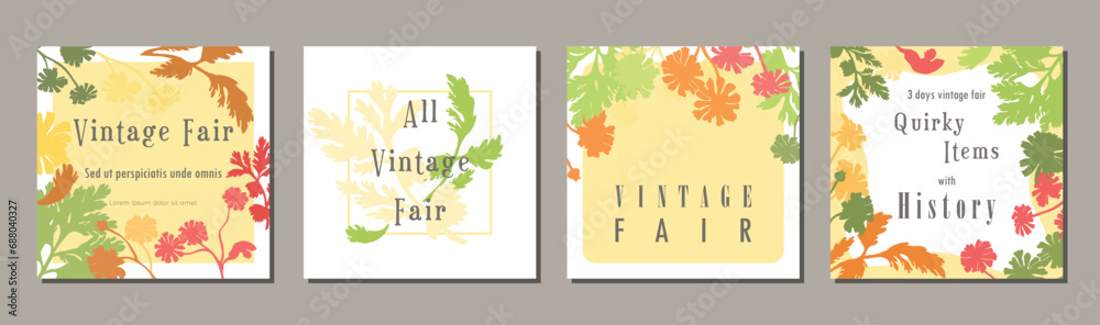 Set with four square floral invitation posters