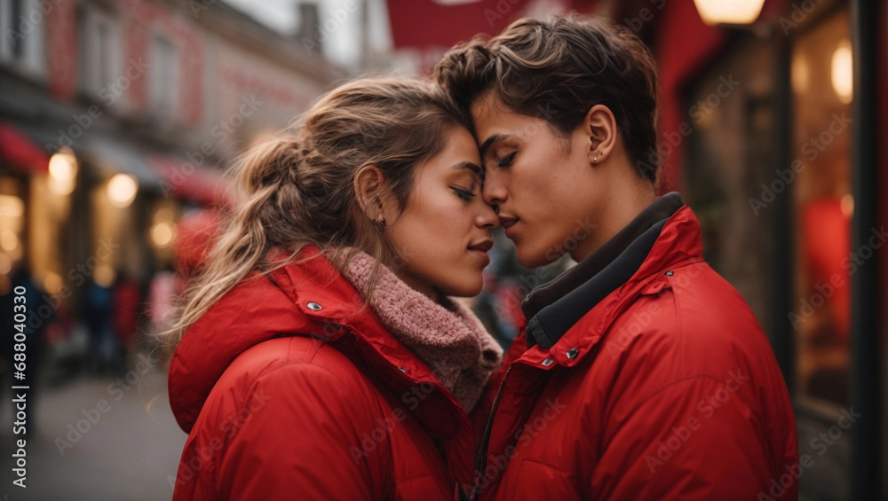 Young couple two female outdoor wearing on red jacket Hugging, kissing and enjoying spending time together while celebrating Valentine's Day