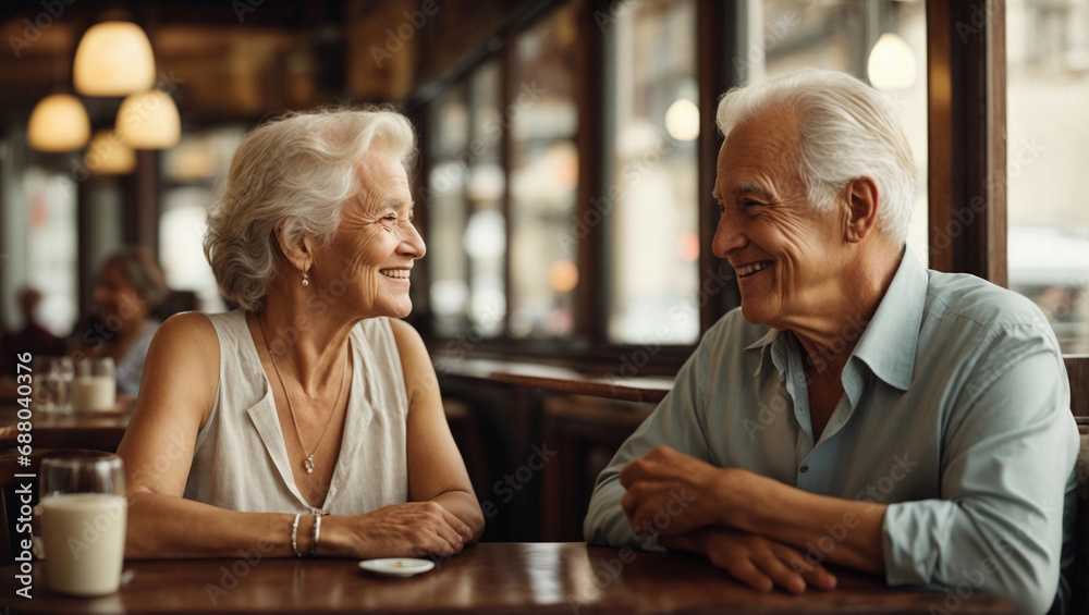 Happy senior couple sitting at restaurant or cafe and looking at each other. Romantic dinner on Valentine's day Happy senior couple sitting at restaurant or cafe and looking at each other. Romantic dinner on Valentine's day