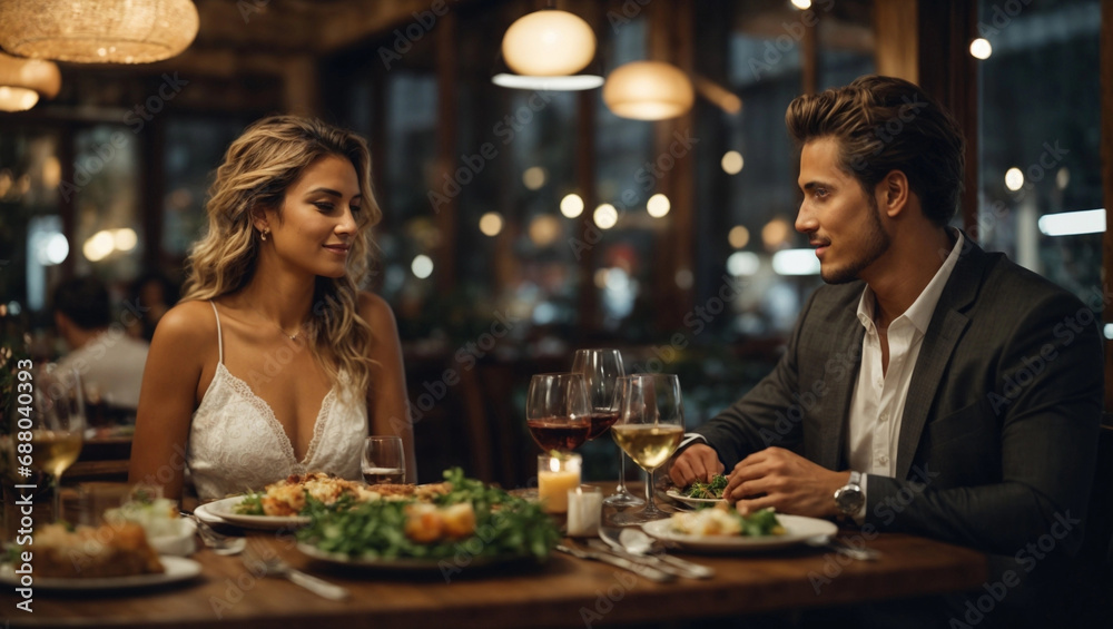 Beautiful loving couple is spending time together for dinner in restaurant. Valentine's Day Love and Relationship Concept