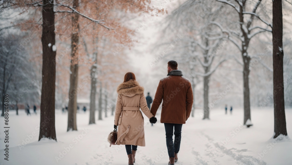 Beautiful young couple walking in a winter park, snow, happiness, romance. Valentines day concept