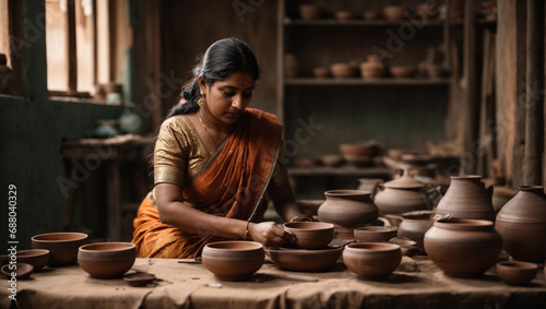 indian Craftswoman creating handicraft crockery in workshop. Craftsmanship and entrepreneurship concept