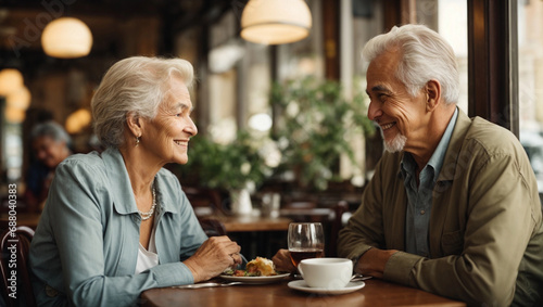 Happy senior couple sitting at restaurant or cafe and looking at each other. Romantic dinner on Valentine's day photo