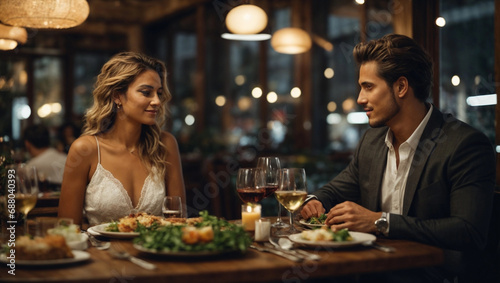 Beautiful loving couple is spending time together for dinner in restaurant. Valentine s Day Love and Relationship Concept