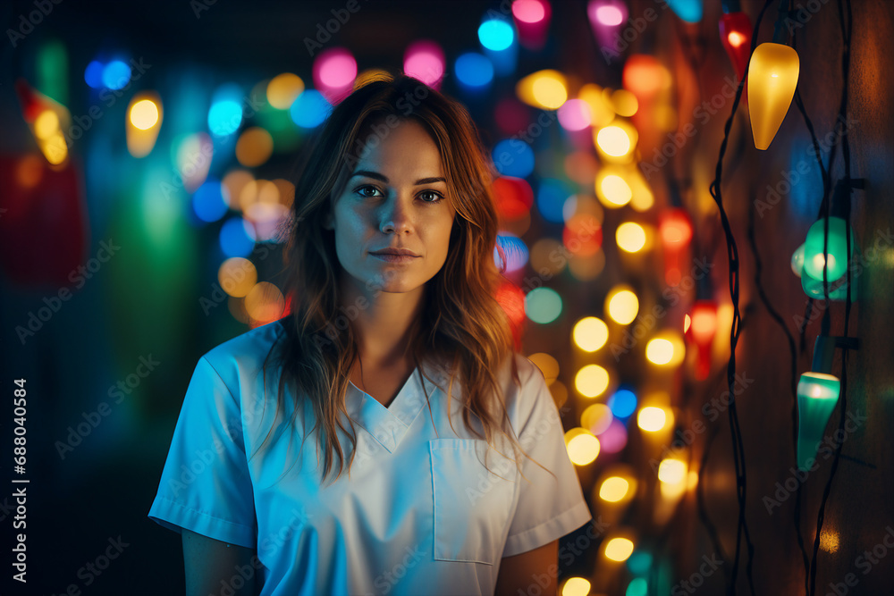 Generative AI picture of beautiful woman standing in hospital decorated for christmas and new year holidays Generative AI picture of beautiful woman standing in hospital decorated for christmas and new year holidays