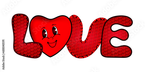 The word love on a white background with a heart instead of a letter. Cute character heart. Cartoon style. Love