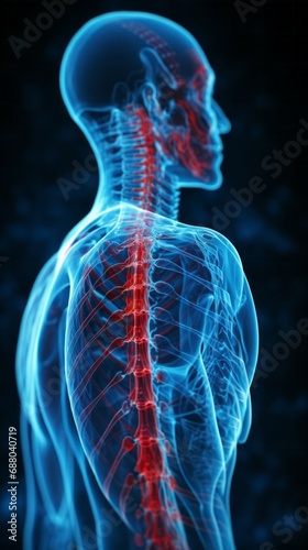 Digital blue human rubbing highlighted back pain on teal background, X-ray full body of human skeletons anatomy isolated on black background 