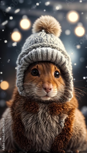 Cute little mouse wearing knitted winter hat. huge big round eyes. snowflakes around cartoon style ai generated © Haroon