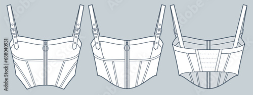 Set of Zipped Top technical fashion Illustration. Corset Top fashion flat technical drawing template, buckle strap, elastic detail back, slim fit, front and back view, white, women Top CAD mockup set.