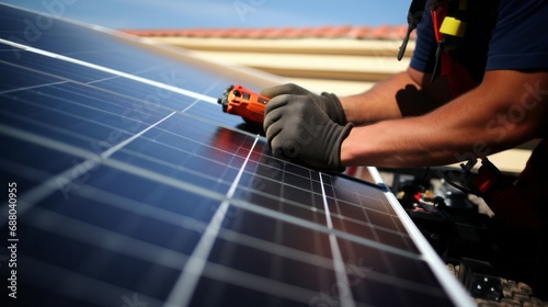 Close up of hand of mature Technician man touching solar panels on house roof for self consumption energy. Renewable energies and green energy concept
