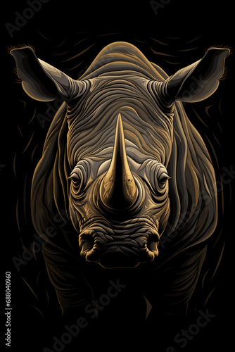 Minimalist artistic composition of a rhino on a black background. Contemporary art style.