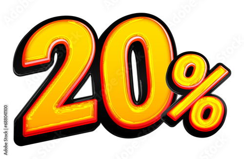 Promotion of 3d numbers 20 percent. 20% sales discount. 3D illustration