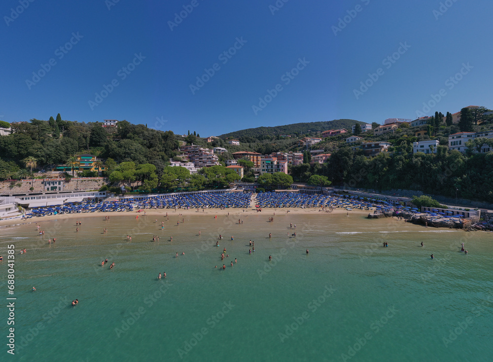 Aerial panorama of Lido of Lerici, La Spezia provinces, Liguria, Italy. Italian resorts on the Ligurian coast aerial view. Aerial panorama of the city of Lerici.