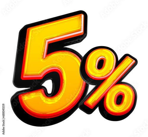 Promotion of 3d numbers 5 percent. 5% sales discount. 3D illustration